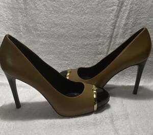 Tory Burch Tan Leather Cap Toe High Heel Pumps with Gold Logo Hardware